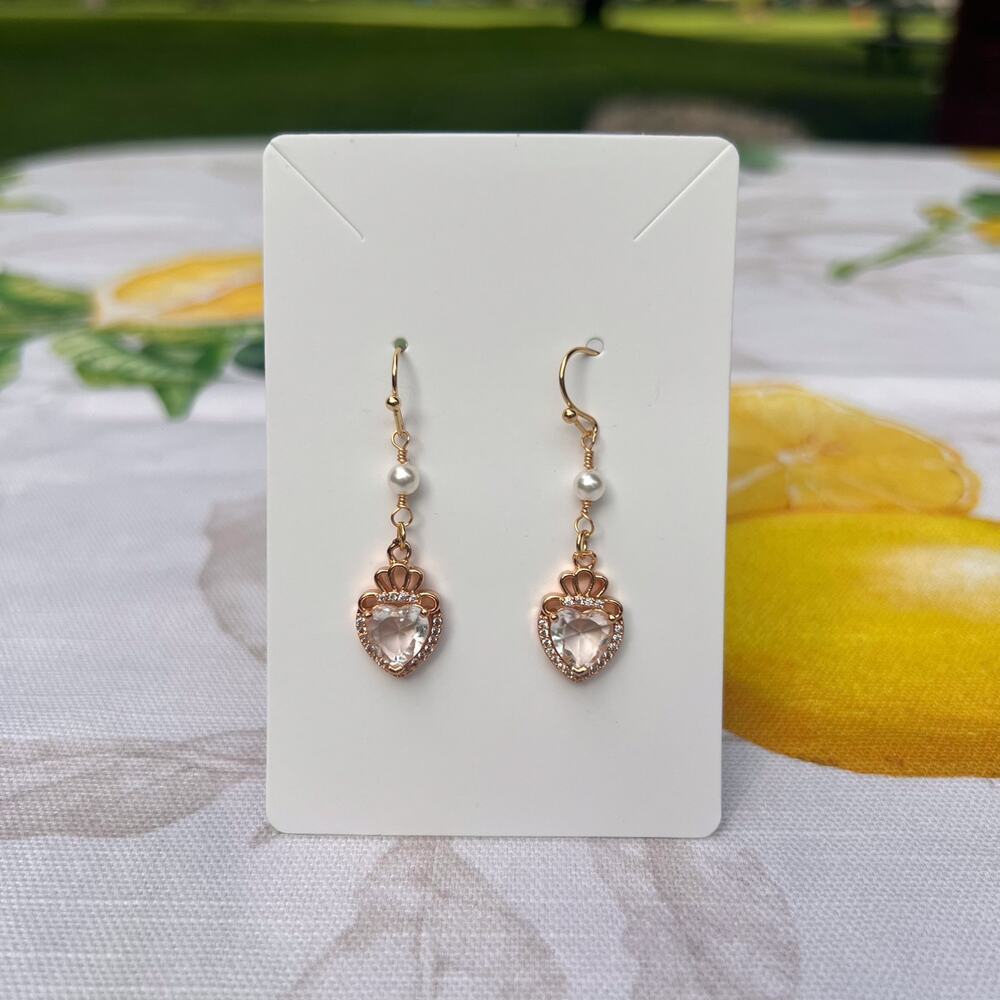 Diamond Crystal Glass Heart Crown Pearl Casual Cute Dainty Quartz Tone Earrings